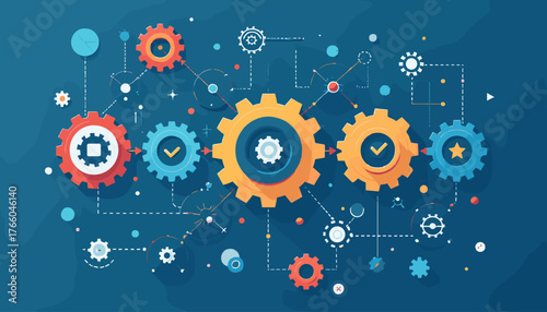 Abstract visualization of business process management and workflow automation, featuring interconnected gears and symbols representing data flow, efficiency, and technological integration on a deep