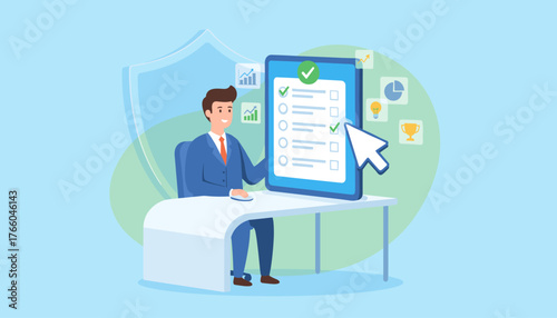 Modern flat illustration of a businessman in a blue suit completing a digital checklist on a tablet, symbolizing business performance, task management, and successful goal achievement with icons for