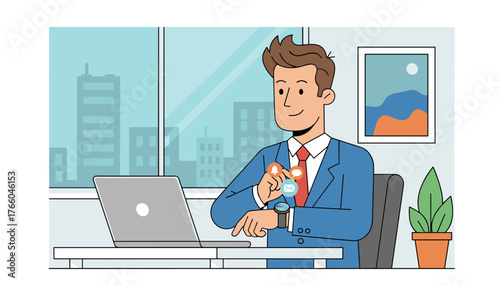 Modern businessman in a blue suit checking notifications on his smartwatch while sitting at a desk with a laptop in a contemporary office with a city view through the window, symbolizing connectivity