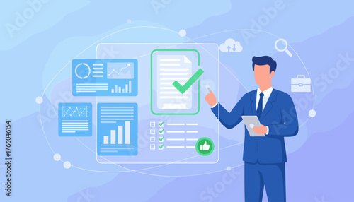 Businessman interacting with a digital interface, checking electronic documents and reviewing analytics charts on a futuristic screen, symbolizing business success, data analysis, and efficient
