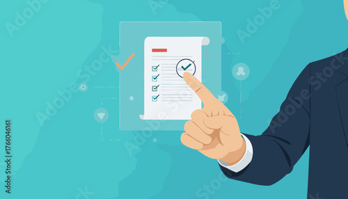 Close-up of a businessman's hand in a dark suit pointing to a digital checklist on a transparent screen, with checkmarks and icons indicating progress and task completion, against a vibrant blue