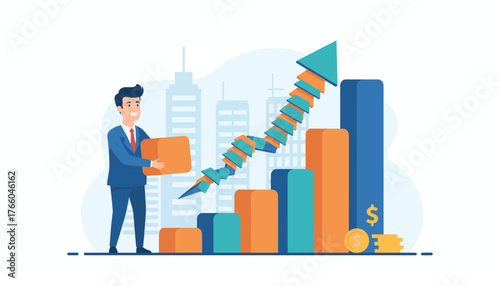Dynamic business growth illustration featuring a smiling businessman in a suit holding a box, standing beside a vibrant bar chart with an upward trending arrow, symbolizing investment, success, and
