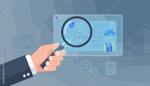 Close-up of a businessman's hand holding a magnifying glass over a digital interface displaying a complex circuit board, cloud computing icon, and bar graph, symbolizing data analysis, technology