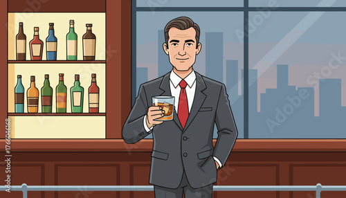 Successful businessman in a sharp grey suit and red tie, holding a glass of whiskey with ice, standing confidently at a polished wooden bar with a backdrop of a city skyline at dusk, exuding