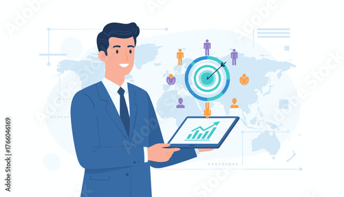 Smiling businessman in a blue suit holding a tablet displaying a growing graph, with a digital target and diverse people icons connected around a world map background, symbolizing global business