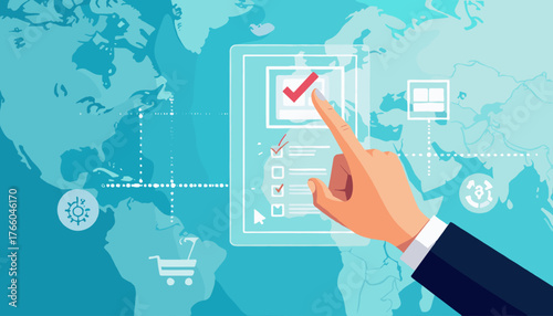 Businessman's finger points to a completed task on a digital checklist displayed on a transparent screen, superimposed over a world map with global business icons, symbolizing online commerce and