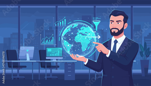 A sophisticated businessman in a dark suit holds a glowing holographic projection of the Earth, symbolizing global data networks and digital connectivity, with charts and graphs indicating business