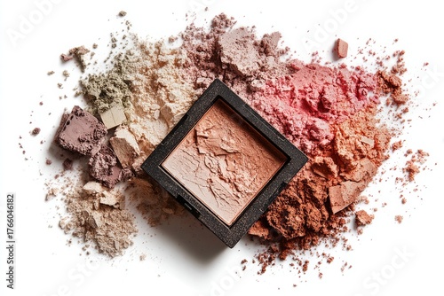Colorful Cosmetic Powders Arranged Around a Makeup Palette on a White Surface...