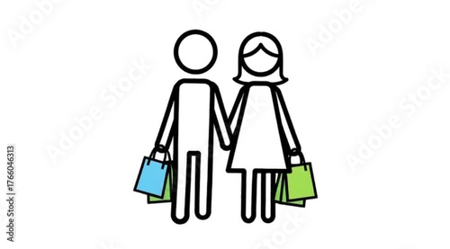 Couple Shopping - Stylized Illustration of Two Figures with Shopping Bags