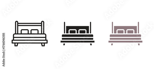 Comfortable double bed icons in line, glyph, and color variations, ideal for hotel rooms, accommodation, or real estate listings.