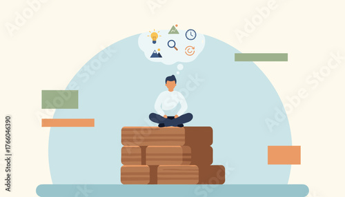 Meditating man in lotus position atop stacked wooden blocks, contemplating ideas, goals, and solutions in a thought bubble, symbolizing conclusion, summary, and conceptual thinking for business or