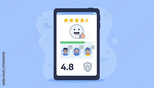 Customer satisfaction survey concept with users rating a product or service on a smartphone screen, displaying a five-star rating, a happy emoji with a thumbs-up, and a numerical score of 4.8
