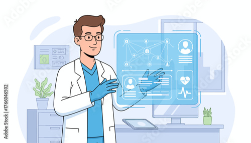 A male doctor in a white lab coat and blue gloves interacts with a futuristic holographic interface displaying a network of interconnected patient profiles, medical data, and a heart rate monitor