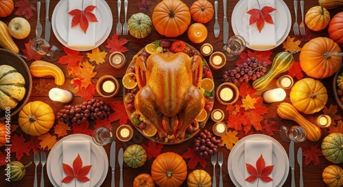 Top-down view of a festive Thanksgiving dinner table with a roasted turkey centerpiece.