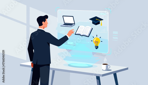 Businessman interacting with a futuristic holographic interface displaying e-learning icons: laptop, open book, graduation cap, and a glowing lightbulb representing ideas and innovation, symbolizing