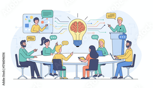 Diverse team of professionals collaborating around a conference table, brainstorming ideas with a glowing lightbulb symbolizing innovation and a brain representing intelligence, while a presenter