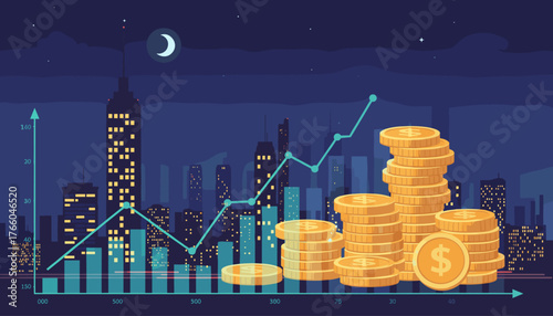 Dynamic financial growth illustrated by a vibrant blue line graph ascending through a nighttime cityscape, superimposed with stacks of golden coins and bar charts, symbolizing economic success and