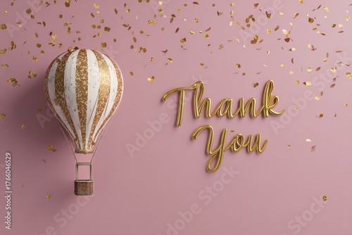 Happy Hot Air Balloon With Thank You Message and Golden Confetti on Pink Back...