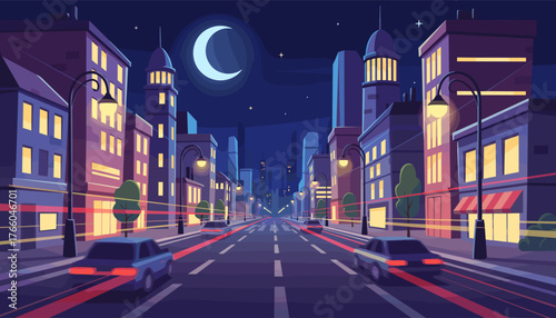 Vibrant cityscape at night, featuring a straight road lined with illuminated buildings and streetlights, with cars creating light trails as they speed by under a crescent moon and starry sky, evoking