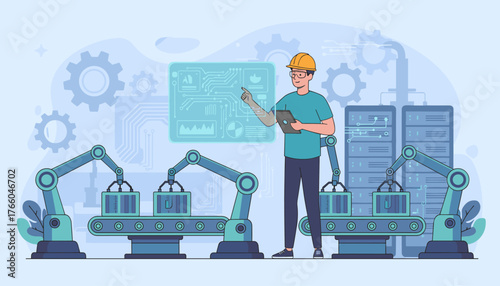 Industry 4.0 concept illustration: A man in a hard hat interacts with a futuristic holographic interface displaying AI data and charts, overseeing an automated factory with robotic arms on a conveyor