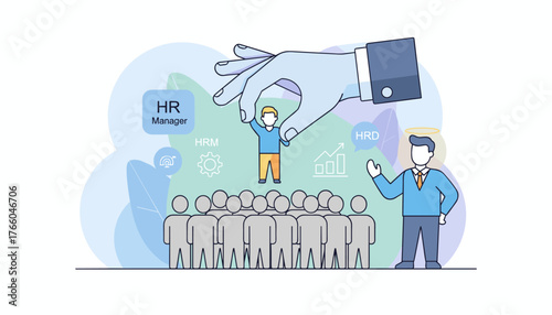 Conceptual illustration of an HR manager or employer selecting a candidate from a crowd, symbolizing recruitment, hiring, and talent acquisition in a modern business environment with HRD and HRM
