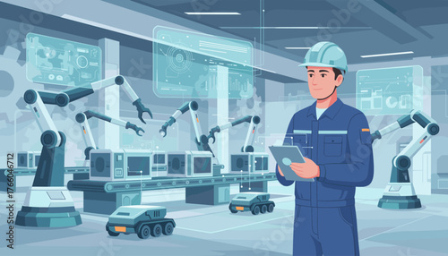 Modern industrial engineer in a hard hat supervises an automated factory floor with robotic arms, conveyor belts, and smart robots, displaying data on a tablet, representing Industry 4.0 and advanced
