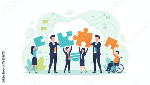Diverse team of professionals collaborating and connecting puzzle pieces, symbolizing teamwork, partnership, and inclusive business solutions, with a person in a wheelchair actively participating in