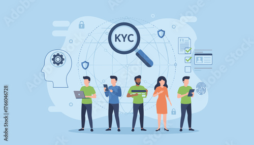 Know Your Customer (KYC) concept, modern flat vector illustration of identity verification, security checks, and customer onboarding process, with people interacting with digital devices and
