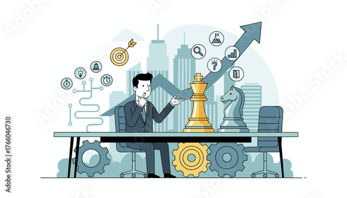 Strategic business leadership concept with a man contemplating chess pieces, symbolizing planning, tactics, and success, against a cityscape backdrop with growth charts and icons representing goals