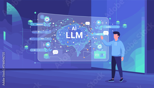 Vivid illustration of an AI Large Language Model (LLM) concept, showcasing a digital brain interface with interconnected nodes, data streams, and abstract elements, representing big data processing