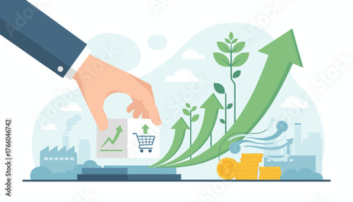 Conceptual illustration of business growth and financial success, with a hand placing a cube featuring a growing graph and shopping cart icon, symbolizing economic progress, investment, and