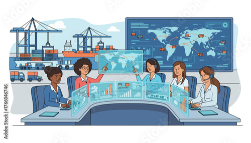 Diverse team of women managers in a logistics control center, overseeing global distribution network with holographic displays showing cargo ships, cranes, trucks, and world map with routes