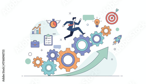 Dynamic business concept illustration of a determined businessman running on gears, symbolizing progress, efficiency, and project management success, with icons for goals, ideas, and growth