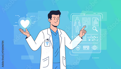 A friendly male doctor in a white coat, holding a glowing heart icon in one hand and pointing to a futuristic medical interface with patient data, human anatomy, and health statistics, representing