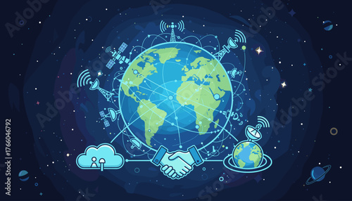 Global network and data exchange concept illustration with Earth, satellites, communication towers, cloud, handshake, and planets in a starry space background, representing international business and