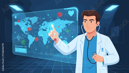 A male doctor in a white lab coat, wearing a stethoscope, interacts with a futuristic holographic display showing a world map with virus icons and vital signs, symbolizing global health monitoring
