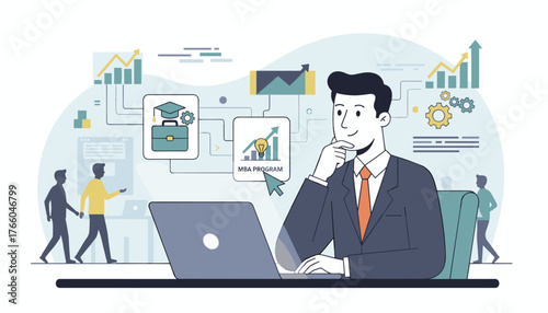 A thoughtful businessman in a suit sits at a laptop, contemplating an MBA program, with icons representing career growth, education, and business strategy surrounding him, symbolizing professional