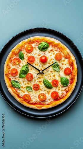 Delicious Pizza Featuring Tomatoes and Fresh Basil Arranged as Clock on a Tea...