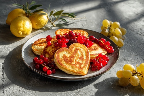 Heart-shaped Pancakes With Fresh Berries and Citrus on a Gray Countertop
