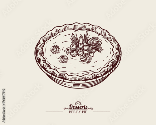 Berry pie decorated with meringue and currants. Cream filled tart. Homemade dessert, vector linear illustration.