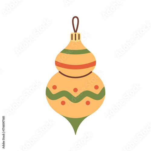 Vector illustration of vintage yellow Christmas ornament with double shape, green waves, orange stripes, and dots. Cute festive bauble for winter tree decoration, holiday cards, and seasonal design