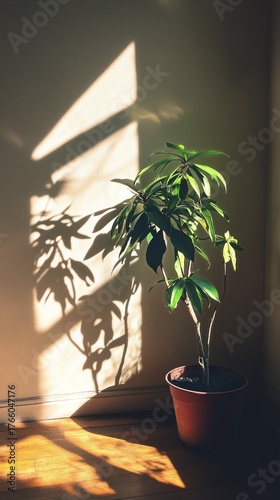 Sunlight Casting Shadows on a Potted Plant in a Cozy Indoor Setting During th...