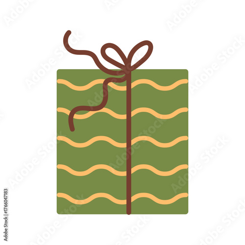 Vector illustration of cute green gift box with yellow wavy stripe pattern, tied with brown ribbon and bow. Festive present for Christmas, holiday cards, wrapping, celebration, and seasonal design.