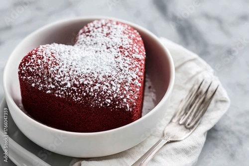 Heart-shaped Dessert Dusted With Powdered Sugar on a Marble Surface