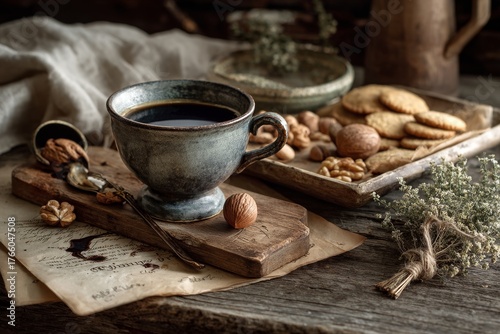 Warm Cup of Coffee With Cookies and Herbs on a Rustic Wooden Tray
