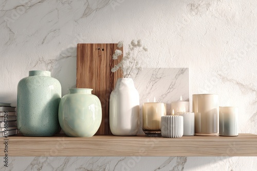 Decorative Candles and Vases on Wooden Shelf With Marble Wall in Modern Inter...