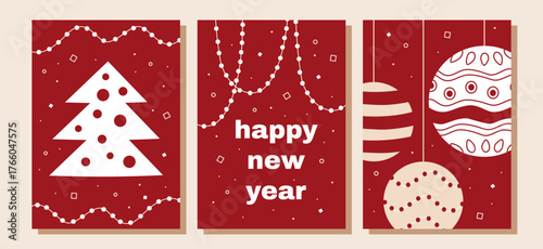 New Year's vector posters with hand-drawn Christmas trees, decorative holiday balls and garlands in flat style in red, white and beige colors.