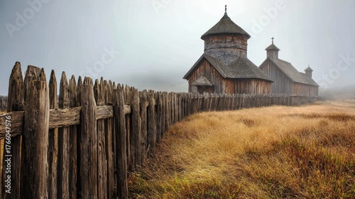 Historic Fort Ross: Foggy Landscape Featuring the Wooden Chapel and Stockade at California's Heritage State Park