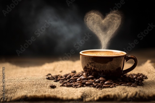 Hot Coffee Cup With Steam Forming a Heart Shape on a Rustic Burlap Background