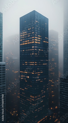 City Skyline at Dusk With Glowing Windows in a Foggy Atmosphere